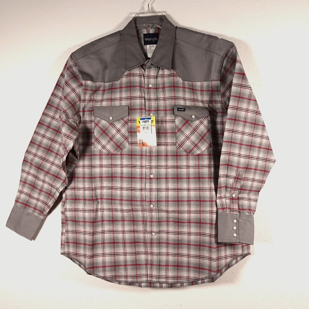 Wrangler Western Shirt Men's Size 2XL Gray Red Plaid Pearl Snap Cowboy Cut